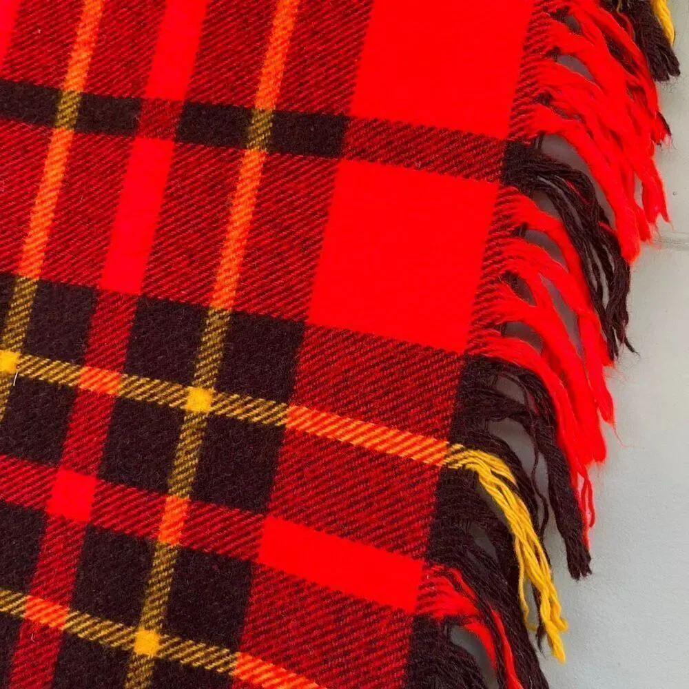 VTG Red Plaid Wool Blend Blanket Throw Fringed 54x54 Camp Picnic Stadium